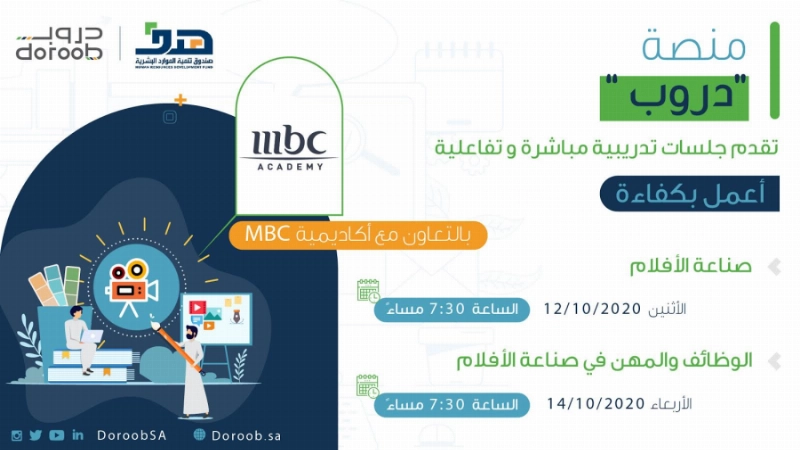 منصة "دروب" بالتعاون مع "أكاديمية MBC" تعقد جلستين تدريبيتين الأسبوع الجاري حول صناعة الأفلام
