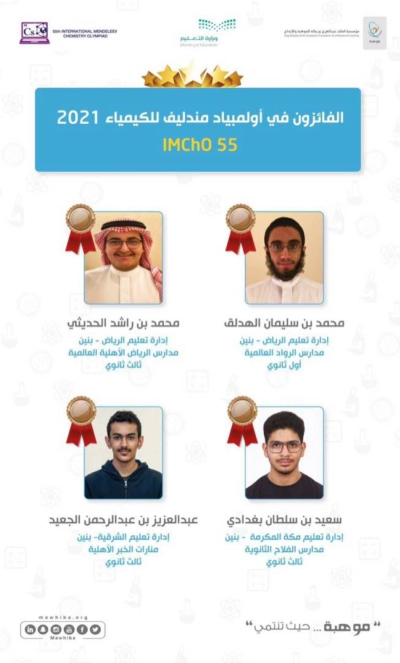 المنتخب السعودي للكيمياء يحقق 4 جوائز عالمية في أولمبياد مندليف للكيمياء 2021