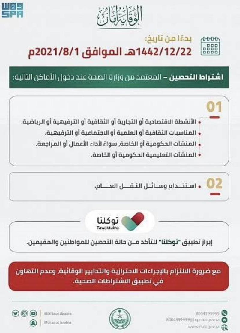 الداخلية: اشتراط التحصين المعتمد من وزارة الصحة لدخول الأنشطة والمناسبات والمنشآت سيبدأ أول أغسطس المقبل