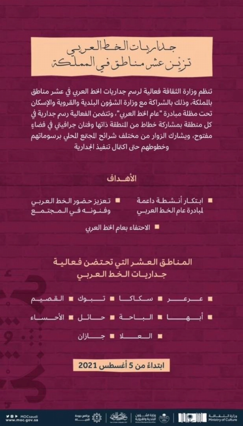 وزارة الثقافة تنظّم فعالية "جداريات الخط العربي" في 10 مناطق بالمملكة