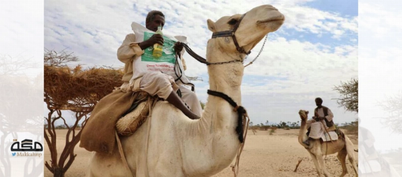 سوداني يحمل سلته من المساعدات الغذائية السعودية على جمل (واس)