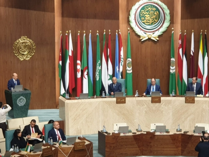 رشاد العليمي يتحدث في الجامعة العربية أمس (مكة)