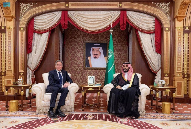 الأمير محمد بن سلمان خلال لقائه أنتوني بلينكن (واس)
