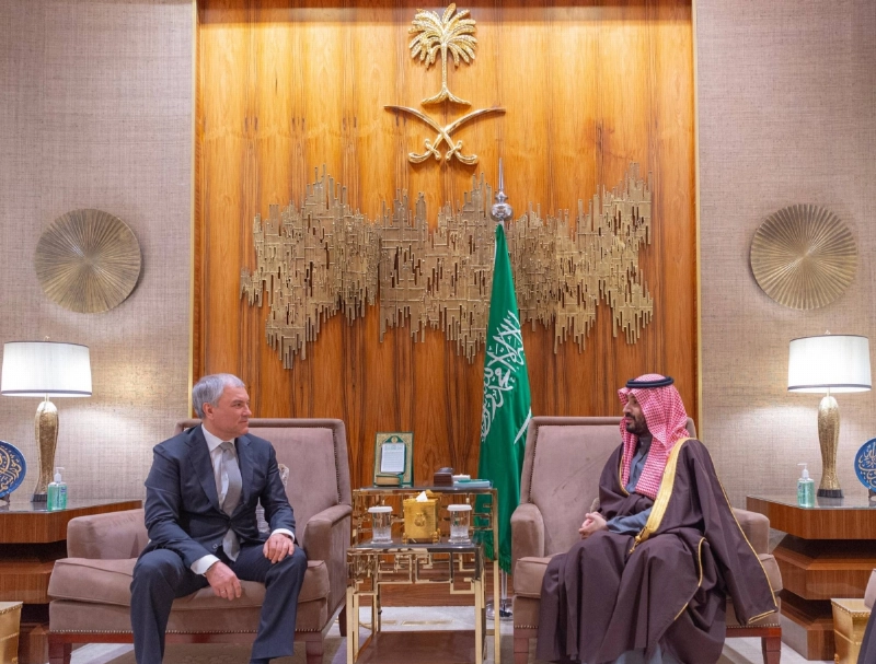 الأمير محمد بن سلمان خلال استقباله فياتشيسلاف فولودين (واس)