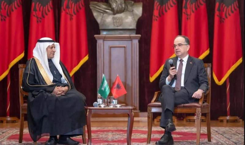 الرئيس الألباني متحدثا إلى المستثمرين السعوديين