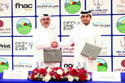 President of the Asian Padel Federation and Secretary-General of the Qatar Tennis, Squash, Padel and Badminton Federation, Tariq Zainal and Business Development Manager at Al Mana Holding Group, Saad Mohammed Al Mana, represented Mazzraty, after a sponsorship signing ceremony in Doha Saturday. President of the Asian Padel Federation and Secretary-General of the Qatar Tennis, Squash, Padel and Badminton Federation, Tariq Zainal and Business Development Manager at Al Mana Holding Group, Saad Mohammed Al Mana, represented Mazzraty, after a sponsorship signing ceremony in Doha Saturday.