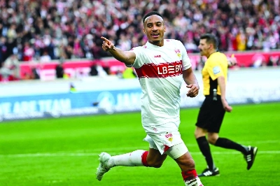 Stuttgart’s Jamie Leweling celebrates after scoring his team’s second goal during the Bundesliga match against Wolfsburg in Stuttgart Sunday. (AFP) Stuttgart’s Jamie Leweling celebrates after scoring his team’s second goal during the Bundesliga match against Wolfsburg in Stuttgart Sunday. (AFP)