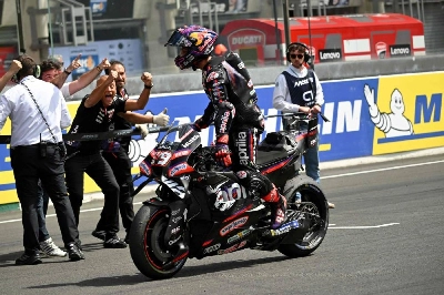 Aprilia Racing's Spanish rider Jorge Martin (C) celebrates with his team in parc ferme after winning the Moto GP Grand Prix of France Sprint race at Le Mans, northwestern France, on May 9, 2026. (AFP) Aprilia Racing's Spanish rider Jorge Martin (C) celebrates with his team in parc ferme after winning the Moto GP Grand Prix of France Sprint race at Le Mans, northwestern France, on May 9, 2026. (AFP)