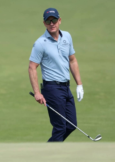 Luke Donald of England looks on while playing the first hole during a practice round prior to the PGA Championship at Aronimink Golf Club on May 13, 2026 in Newtown, Pennsylvania. (AFP) Luke Donald of England looks on while playing the first hole during a practice round prior to the PGA Championship at Aronimink Golf Club on May 13, 2026 in Newtown, Pennsylvania. (AFP)