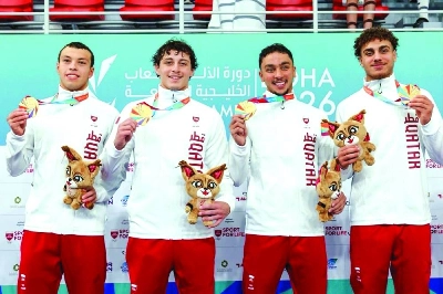 Qatar's 4x100m freestyle relay team pose with their gold medals at the 4th GCC Games Doha at Hamad Aquatics Centre. Qatar's 4x100m freestyle relay team pose with their gold medals at the 4th GCC Games Doha at Hamad Aquatics Centre.
