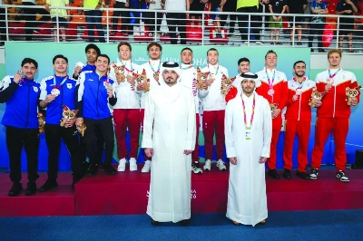 HE Sheikh Joaan bin Hamad al-Thani, President of the Olympic Council of Asia and Qatar Olympic Committee and Organising Committee of the 4th GCC Games Doha 2026, crowned the winners of the men’s 4x200m freestyle relay event at the Hamad Aquatic Centre. HE Sheikh Joaan bin Hamad al-Thani, President of the Olympic Council of Asia and Qatar Olympic Committee and Organising Committee of the 4th GCC Games Doha 2026, crowned the winners of the men’s 4x200m freestyle relay event at the Hamad Aquatic Centre.