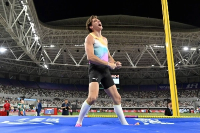 Sweden's Armand Duplantis reacts between jumps as he competes in the men's pole vault event during the Shanghai/Keqiao Diamond League meeting in Keqiao, China, on May 16. (AFP) Sweden's Armand Duplantis reacts between jumps as he competes in the men's pole vault event during the Shanghai/Keqiao Diamond League meeting in Keqiao, China, on May 16. (AFP)