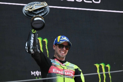 Pertamina Enduro VR46 Racing Team's Fabio Di Giannantonio celebrates on the podium after winning the 2026 Catalunya Grand Prix at the Catalunya racetrack in Montmelo, near Barcelona, on May 17, 2026. (AFP) Pertamina Enduro VR46 Racing Team's Fabio Di Giannantonio celebrates on the podium after winning the 2026 Catalunya Grand Prix at the Catalunya racetrack in Montmelo, near Barcelona, on May 17, 2026. (AFP)