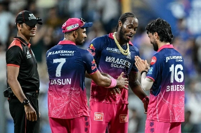 Rajasthan Royals' Brijesh Sharma (right) gestures to teammate English cricket player Jofra Archer (second right) after their team's win at the end of the 2026 Indian Premier League (IPL) T20 match against Mumbai Indians at the Wankhede Stadium in Mumbai on May 24, 2026. (AFP) Rajasthan Royals' Brijesh Sharma (right) gestures to teammate English cricket player Jofra Archer (second right) after their team's win at the end of the 2026 Indian Premier League (IPL) T20 match against Mumbai Indians at the Wankhede Stadium in Mumbai on May 24, 2026. (AFP)
