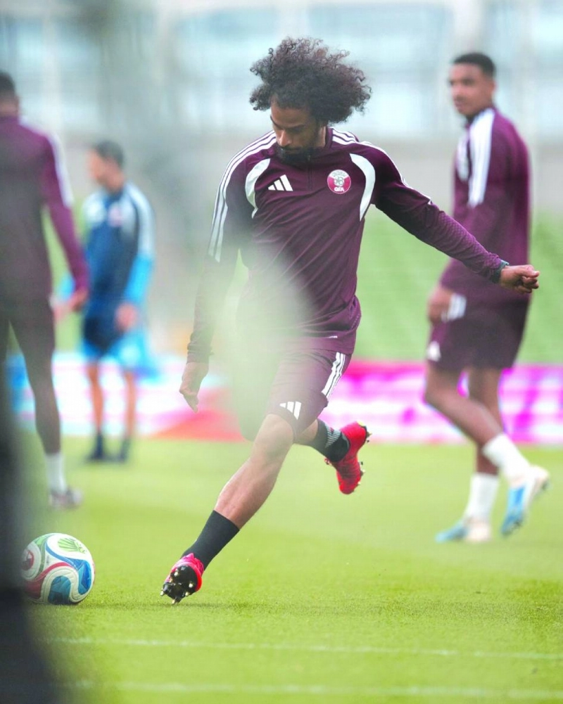 Qatar’s Akram Afif during a training session in Dublin. Qatar’s Akram Afif during a training session in Dublin.