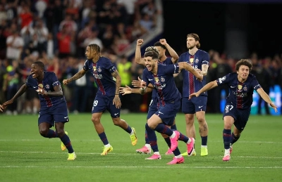Paris St Germain players celebrate winning the UEFA Champions League final against Arsenal at Puskas Arena, Budapest, Hungary, on May 30, 2026. (Reuters) Paris St Germain players celebrate winning the UEFA Champions League final against Arsenal at Puskas Arena, Budapest, Hungary, on May 30, 2026. (Reuters)