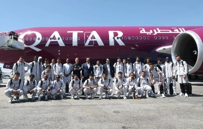 Qatar's squad and support staff pose after their arrival in the United States for the FIFA World Cup.
Qatar's squad and support staff pose after their arrival in the United States for the FIFA World Cup.
