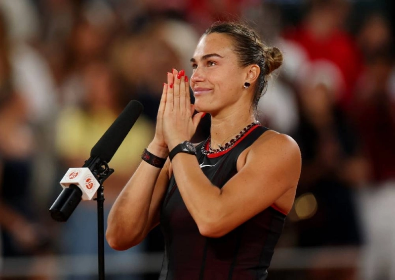 Belarus' Aryna Sabalenka celebrates winning her fourth-round match against Japan's Naomi Osaka at the French Open in Paris on Monday. (Reuters) Belarus' Aryna Sabalenka celebrates winning her fourth-round match against Japan's Naomi Osaka at the French Open in Paris on Monday. (Reuters)