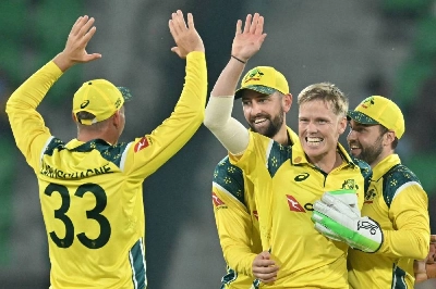 Australia's players celebrate after the dismissal of Pakistan's Maaz Sadaqat (not seen) during the second one-day international (ODI) in Lahore on June 2, 2026. Australia won by 41 runs. (AFP) Australia's players celebrate after the dismissal of Pakistan's Maaz Sadaqat (not seen) during the second one-day international (ODI) in Lahore on June 2, 2026. Australia won by 41 runs. (AFP)