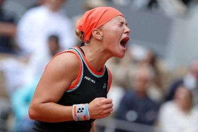 Diana Shnaider celebrates after winning the French Open quarterfinal against Aryna Sabalenka on Court Philippe-Chatrier at the Roland-Garros Complex in Paris on June 3, 2026. (AFP) Diana Shnaider celebrates after winning the French Open quarterfinal against Aryna Sabalenka on Court Philippe-Chatrier at the Roland-Garros Complex in Paris on June 3, 2026. (AFP)
