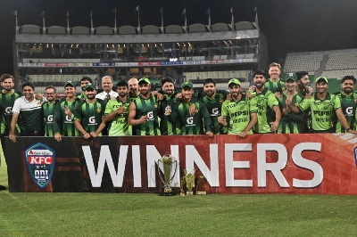Pakistan players pose with the trophy after winning the third One Day International against Australia at the Gaddafi Stadium in Lahore on June 4, 2026. (AFP) Pakistan players pose with the trophy after winning the third One Day International against Australia at the Gaddafi Stadium in Lahore on June 4, 2026. (AFP)