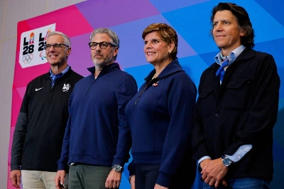 LA28 Chief Executive Officer Reynold Hoover, LA28 Chairperson and President Casey Wasserman, Nicole Hoevertsz, International Olympic Committee (IOC) Vice President and LA28 Coordination Commission Chair, and IOC Olympic Games Executive Director Christophe Dubi pose following a press conference updating progress on the 2028 Olympic Games, in Los Angeles, California, US, June 4, 2026. (Reuters) LA28 Chief Executive Officer Reynold Hoover, LA28 Chairperson and President Casey Wasserman, Nicole Hoevertsz, International Olympic Committee (IOC) Vice President and LA28 Coordination Commission Chair, and IOC Olympic Games Executive Director Christophe Dubi pose following a press conference updating progress on the 2028 Olympic Games, in Los Angeles, California, US, June 4, 2026. (Reuters)