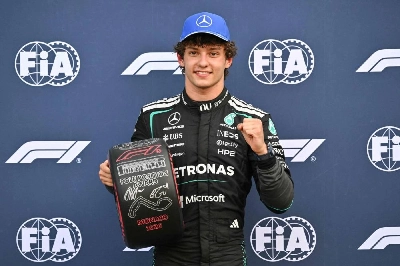 Mercedes' Italian driver Kimi Antonelli celebrates after winning the pole position for the Monaco Grand Prix in Monaco on June 6, 2026. (AFP) Mercedes' Italian driver Kimi Antonelli celebrates after winning the pole position for the Monaco Grand Prix in Monaco on June 6, 2026. (AFP)