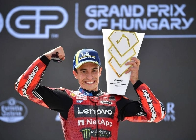 Ducati’s Marc Marquez celebrates with the trophy after winning the Hungarian Grand Prix at the Balaton Park circuit in Balatonfokajar, Hungary, on June 7, 2026. (AFP) Ducati’s Marc Marquez celebrates with the trophy after winning the Hungarian Grand Prix at the Balaton Park circuit in Balatonfokajar, Hungary, on June 7, 2026. (AFP)