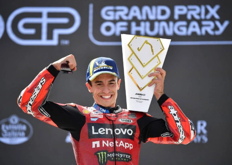 Ducati’s Marc Marquez celebrates with the trophy after winning the Hungarian Grand Prix at the Balaton Park circuit in Balatonfokajar, Hungary, on June 7, 2026. (AFP) Ducati’s Marc Marquez celebrates with the trophy after winning the Hungarian Grand Prix at the Balaton Park circuit in Balatonfokajar, Hungary, on June 7, 2026. (AFP)