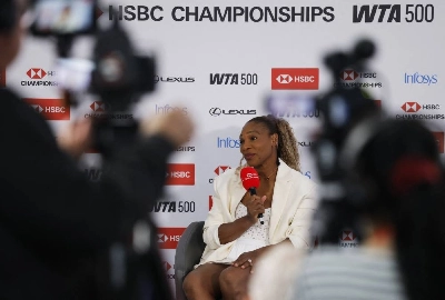 Serena Williams of the US during a press conference ahead of the the Queen's Club Championships at Queen's Club, London, Britain, on June 7, 2026. (Reuters)
Serena Williams of the US during a press conference ahead of the the Queen's Club Championships at Queen's Club, London, Britain, on June 7, 2026. (Reuters)