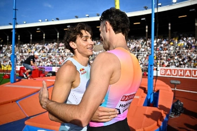 Sweden's Armand Duplantis with Australia's Kurtis Marschall after the men's pole vault final at Stockholm Diamond League at the Stockholm Olympic Stadium, Sweden, on June 7, 2026. (Reuters) Sweden's Armand Duplantis with Australia's Kurtis Marschall after the men's pole vault final at Stockholm Diamond League at the Stockholm Olympic Stadium, Sweden, on June 7, 2026. (Reuters)