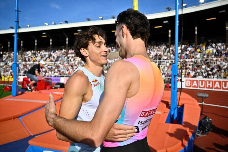 Sweden's Armand Duplantis with Australia's Kurtis Marschall after the men's pole vault final at Stockholm Diamond League at the Stockholm Olympic Stadium, Sweden, on June 7, 2026. (Reuters) Sweden's Armand Duplantis with Australia's Kurtis Marschall after the men's pole vault final at Stockholm Diamond League at the Stockholm Olympic Stadium, Sweden, on June 7, 2026. (Reuters)