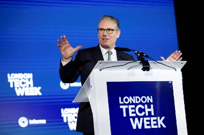 Britain's Prime Minister Keir Starmer delivers a speech at London Tech Week in London Monday. (AFP) Britain's Prime Minister Keir Starmer delivers a speech at London Tech Week in London Monday. (AFP)