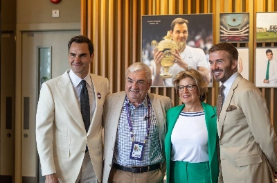 Retired Swiss tennis legend Roger Federer (left) is seen with British football icon David Beckham (right) and with his parents Robert and Lynette Federer in this file photo from the year 2023. Retired Swiss tennis legend Roger Federer (left) is seen with British football icon David Beckham (right) and with his parents Robert and Lynette Federer in this file photo from the year 2023.