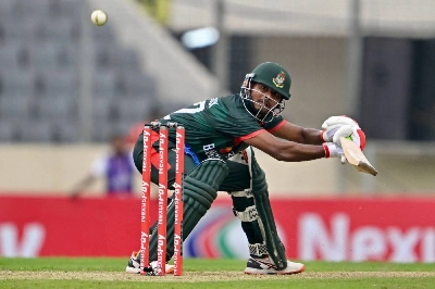Bangladesh's Mosaddek Hossain watches the ball after playing a shot during the first one-day international against Australia at the Sher-e-Bangla National Cricket Stadium in Dhaka on June 9, 2026. (AFP) Bangladesh's Mosaddek Hossain watches the ball after playing a shot during the first one-day international against Australia at the Sher-e-Bangla National Cricket Stadium in Dhaka on June 9, 2026. (AFP)