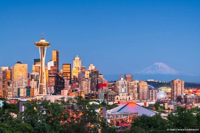 Seattle, Washington, USA downtown skyline at twilight with Mount Rainier. Seattle, Washington, USA downtown skyline at twilight with Mount Rainier.