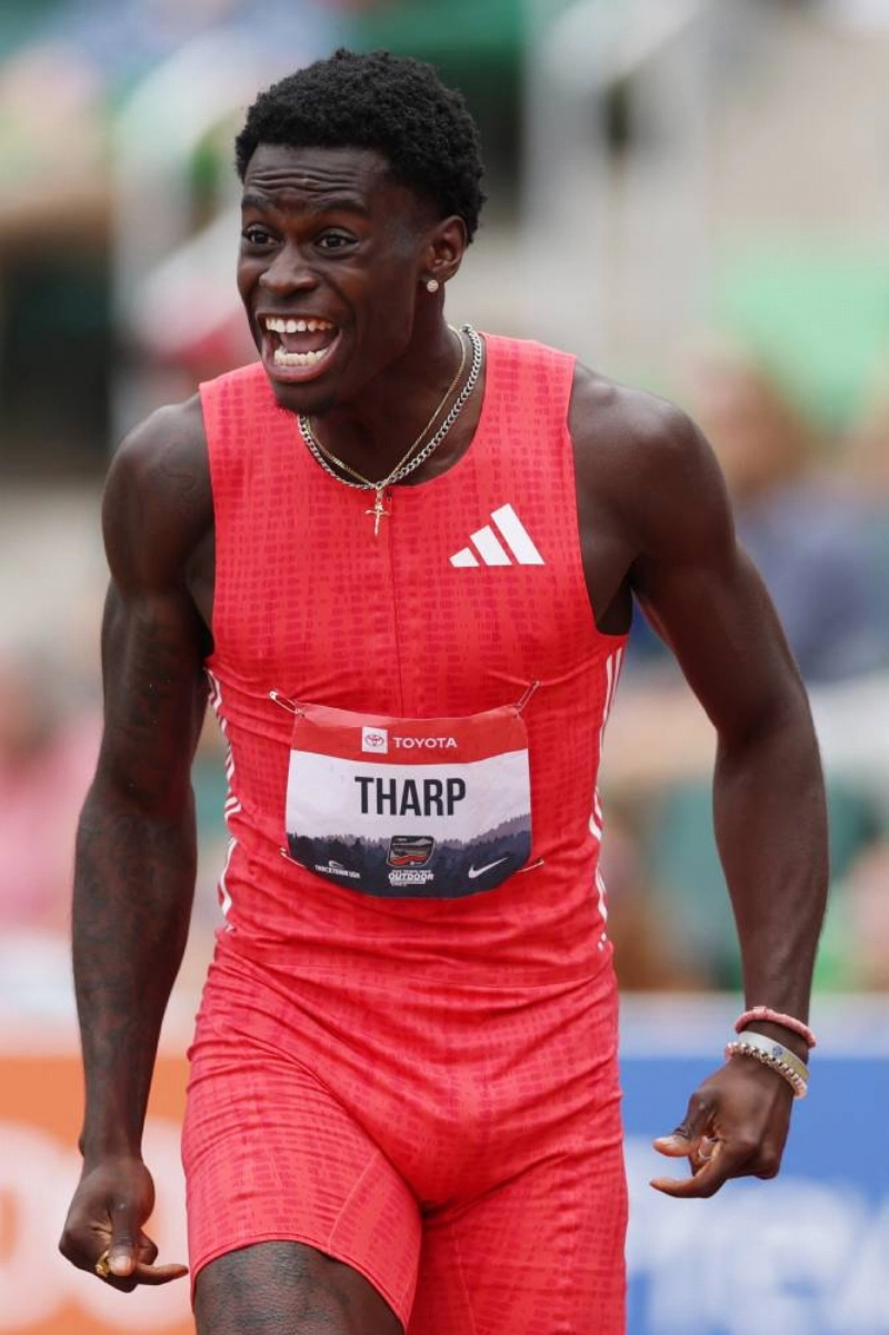 Ja'kobe Tharp celebrates after winning the PrimeTime Timing Men's 110m Hurdles final during the 2025 USATF Outdoor Championships at Hayward Field on August 03, 2025 in Eugene, Oregon. American hurdler Ja'Kobe Tharp reacted after breaking the 110m hurdles world record in 12.75 seconds (wind: 1.0 m/s) in the heats of the US collegiate championships on June 10, 2026. (AFP/File picture) Ja'kobe Tharp celebrates after winning the PrimeTime Timing Men's 110m Hurdles final during the 2025 USATF Outdoor Championships at Hayward Field on August 03, 2025 in Eugene, Oregon. American hurdler Ja'Kobe Tharp reacted after breaking the 110m hurdles world record in 12.75 seconds (wind: 1.0 m/s) in the heats of the US collegiate championships on June 10, 2026. (AFP/File picture)