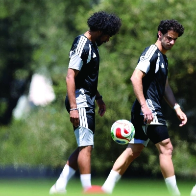 Qatar's Akram Afif (left) and Ahmed Alaaeldin at a training session in Santa Clara, California.
Qatar's Akram Afif (left) and Ahmed Alaaeldin at a training session in Santa Clara, California.