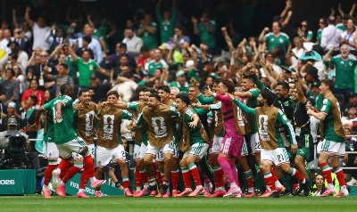 Mexico's Julian Quinones celebrates with teammates after scoring the opening goal of the FIFA World Cup 2026 against South Africa at the Azteca Stadium in Mexico City. (Reuters) Mexico's Julian Quinones celebrates with teammates after scoring the opening goal of the FIFA World Cup 2026 against South Africa at the Azteca Stadium in Mexico City. (Reuters)