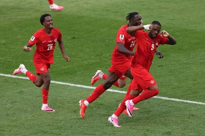 Canada's Cyle Larin celebrates after scoring against Bosnia and Herzegovina during the FIFA World Cup 2026 Group B match at Toronto Stadium. (AFP) Canada's Cyle Larin celebrates after scoring against Bosnia and Herzegovina during the FIFA World Cup 2026 Group B match at Toronto Stadium. (AFP)