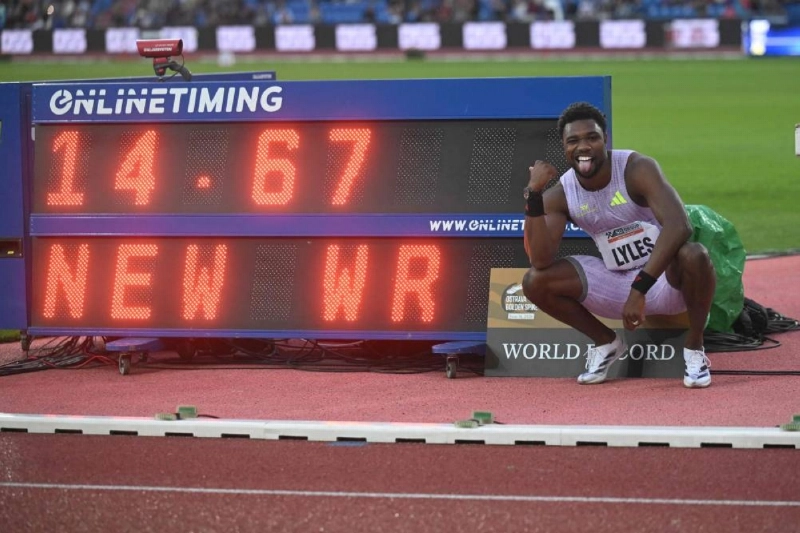 USA’s Noah Lyles poses for a photo next to the time board after winning the men's 150m race with a new world record at the 65th IAAF 2026 Golden Spike Athletics Meeting in Ostrava, Czech Republic on June 16, 2026. (AFP) USA’s Noah Lyles poses for a photo next to the time board after winning the men's 150m race with a new world record at the 65th IAAF 2026 Golden Spike Athletics Meeting in Ostrava, Czech Republic on June 16, 2026. (AFP)