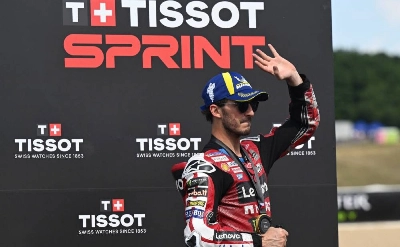 Team Ducati’s Francesco Bagnaia celebrates on the podium after winning the Sprint race of the Czech MotoGP in Brno, Czech Republic, on June 20, 2026. (AFP) Team Ducati’s Francesco Bagnaia celebrates on the podium after winning the Sprint race of the Czech MotoGP in Brno, Czech Republic, on June 20, 2026. (AFP)