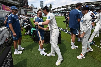 New Zealand's Matt Henry shakes hands with England's head coach Brendon McCullum at the end of the fifth day of the second Test at The Oval in London on June 21, 2026. (AFP) New Zealand's Matt Henry shakes hands with England's head coach Brendon McCullum at the end of the fifth day of the second Test at The Oval in London on June 21, 2026. (AFP)