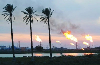 Flames emerge from flare stacks at the oil fields in Basra. Iraq plans to restore crude oil production gradually to the between 4.2mn and 4.3mn barrels per day, Iraq’s deputy oil minister for upstream affairs said in a statement on Sunday.
Flames emerge from flare stacks at the oil fields in Basra. Iraq plans to restore crude oil production gradually to the between 4.2mn and 4.3mn barrels per day, Iraq’s deputy oil minister for upstream affairs said in a statement on Sunday.