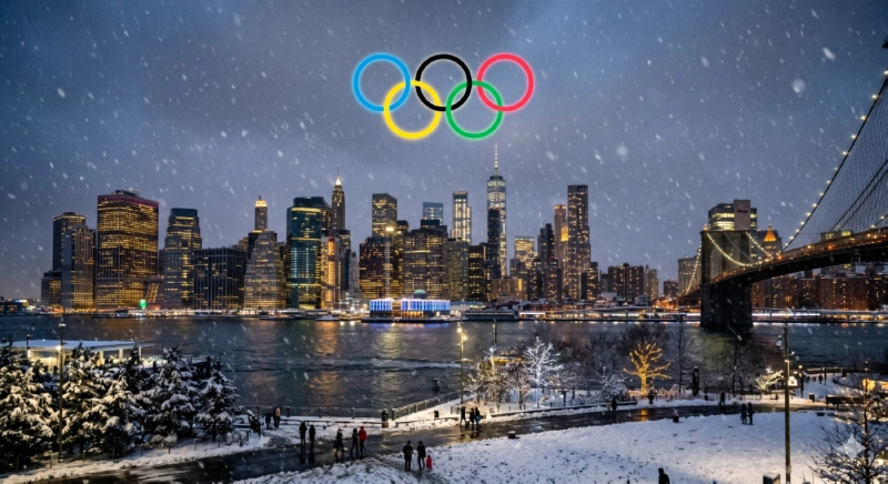 A computer-generated image of New York City with falling snowflakes in winter. New York City is exploring ways to co-host the Winter Olympic and Paralympic Games in 2042. A computer-generated image of New York City with falling snowflakes in winter. New York City is exploring ways to co-host the Winter Olympic and Paralympic Games in 2042.