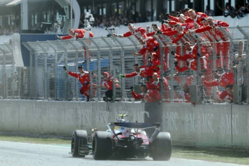 Ferrari team-members celebrate Lewis Hamilton's victory in the Barcelona Grand Prix on June14. (AFP) Ferrari team-members celebrate Lewis Hamilton's victory in the Barcelona Grand Prix on June14. (AFP)