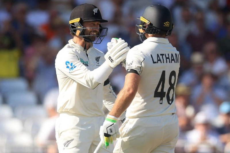 New Zealand's Devon Conway (left) and Tom Latham celebrate their record partnership on the first day of the third Test against England at Trent Bridge in Nottingham on June 25, 2026. (AFP) New Zealand's Devon Conway (left) and Tom Latham celebrate their record partnership on the first day of the third Test against England at Trent Bridge in Nottingham on June 25, 2026. (AFP)