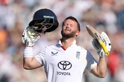 England's Ben Duckett celebrates after reaching his century on the second day of the third and final Test against New Zealand at Trent Bridge Cricket Ground, Nottingham, Britain, on June 26, 2026. (Reuters)
England's Ben Duckett celebrates after reaching his century on the second day of the third and final Test against New Zealand at Trent Bridge Cricket Ground, Nottingham, Britain, on June 26, 2026. (Reuters)