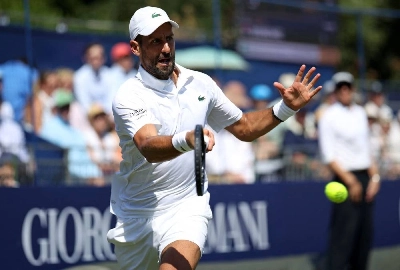 Serbia’s Novak Djokovic plays against US player Tommy Paul ahead of their match on day four of the Giorgio Armani Tennis Classic tournament at the Hurlingham Club in London on June 26, 2026. (AFP) Serbia’s Novak Djokovic plays against US player Tommy Paul ahead of their match on day four of the Giorgio Armani Tennis Classic tournament at the Hurlingham Club in London on June 26, 2026. (AFP)