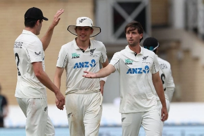 New Zealand's Zak Foulkes (right) celebrates taking the final wicket, that of England's Josh Tongue, on the third day of the third Test at Trent Bridge in Nottingham on June 27, 2026. (AFP) New Zealand's Zak Foulkes (right) celebrates taking the final wicket, that of England's Josh Tongue, on the third day of the third Test at Trent Bridge in Nottingham on June 27, 2026. (AFP)